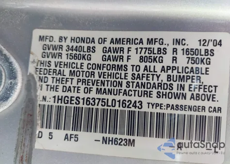 2005 Honda Civic Vp from USA, damaged, VIN 1HGES16375L016243